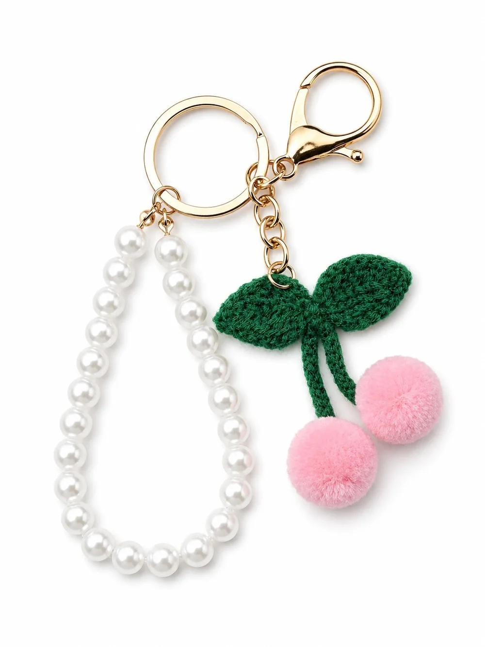 Coquette Pink Pom Pom Cherry Pearl Bag Charm Keychain Accessory NWT